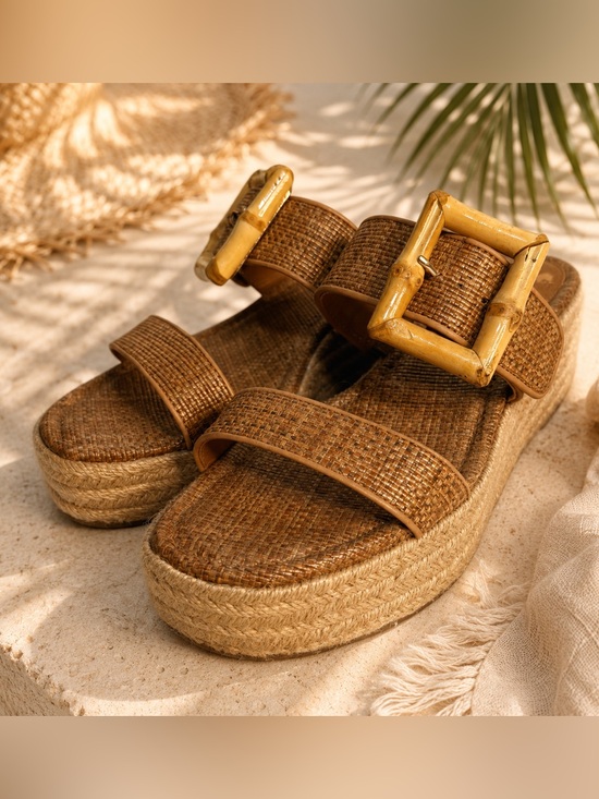 J. McLaughlin Shoes - J. McLaughlin Fleur Raffia Espadrille Platform Wedge Sandals Bamboo Buckle Sz 6